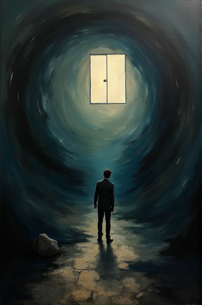 An abstract painting that conveys the protagonist&#39;s anguish and alienation, Juan Pablo Castel, in the first chapters of &#39;The Tunnel&#39;.&#39;He uses dark colours and distorted shapes to reflect his growing obsession with Maria and his sense of isolation from the world.. Incorporate elements such as a narrowing tunnel, shadows that haunt, and a distant window that symbolizes her search for connection and the incomprehension she feels.