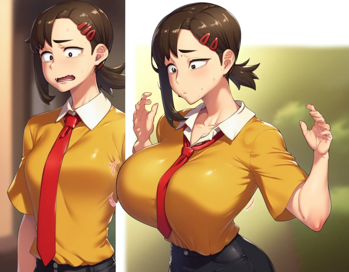 check_9, check_8_up, check_7_up, check_6_up, check_5_up,1 girl,Higashiyama Kobeni,(breast expansion:1.8),several views, huge breasts,formal, red tie,black trousers,  (SSP:1.1), yellow shirt,