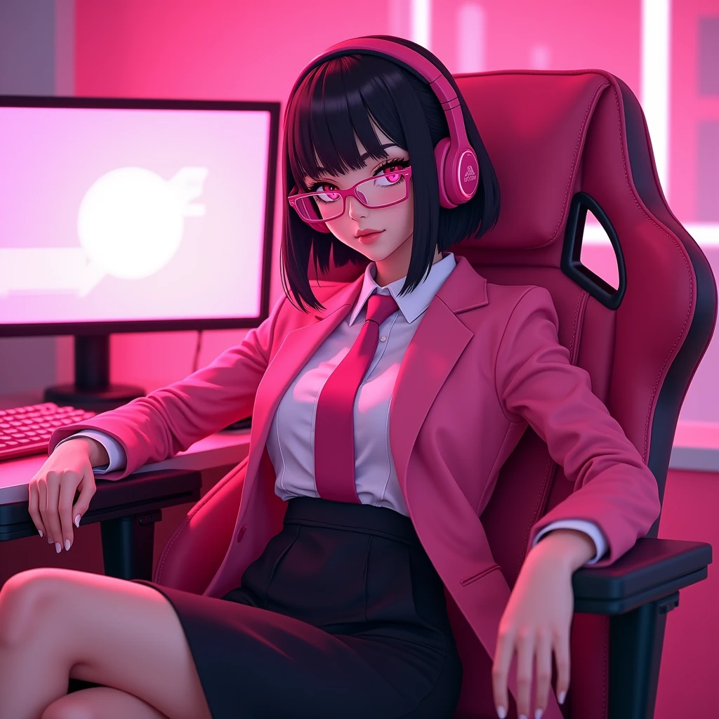 The young woman short black hair and pink eyes wear a pink suit, white shirt, magenta necktie, black pencil skirt, black underpants, black tights, black socks, adidas white sneakers.
She wear glasses and pink gaming headphone, sit on the pink gamer chair, smiled, privacy office pink room, two pink monitor gaming, one black keyboard, one black mouse, pink computer case, cartoon anime, 4K, HD