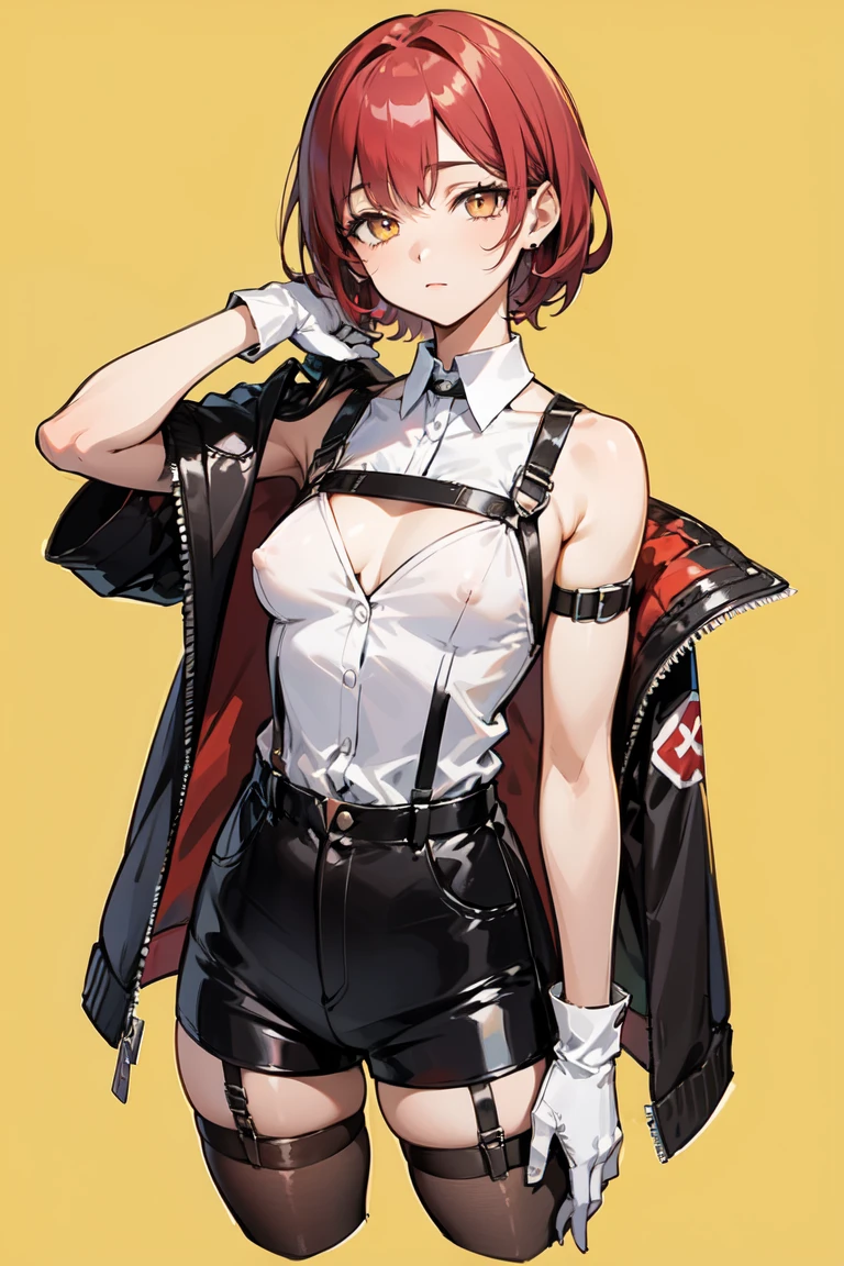 One person, young woman, alone, short hair, Small hair, (amount:1.2), Yellow Eyes, Sharp Eyes, (Bright Red Hair), Light brown skin tone, Sports competition, Muscular, Medium chest, Erect nipples, (Cropped jacket, Black jacket), White shirt, Collared shirt, (Chest Harness, shoulder strap:1.15), Black leather shorts, 7/8. Pantyhose, garter belt, gloves, elegant, View your viewers, Are standing, Mustard Color Background, masterpiece, Highest quality, 4K
