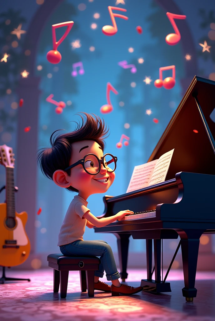  Piano, musical instruments, musical notes, sheet music, staff, colorful, happy, Beautiful, , musical, pixar type animation