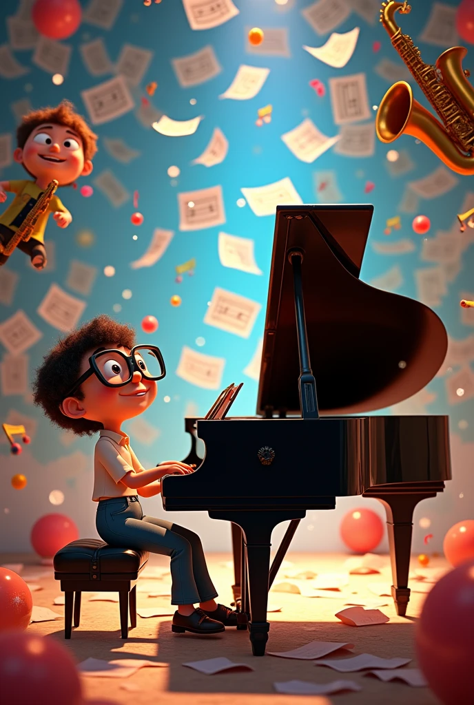  Piano, musical instruments, musical notes, sheet music, staff, colorful, happy, Beautiful, , musical, pixar type animation