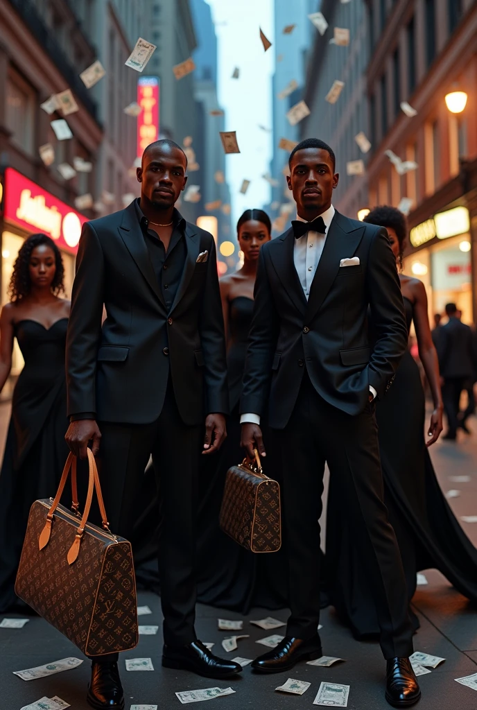 Make two black characters (male), each one with their bag , a bag from Louis Vuitton and another from Gucci ,in the background place several vampire women ,also make money fall from the sky