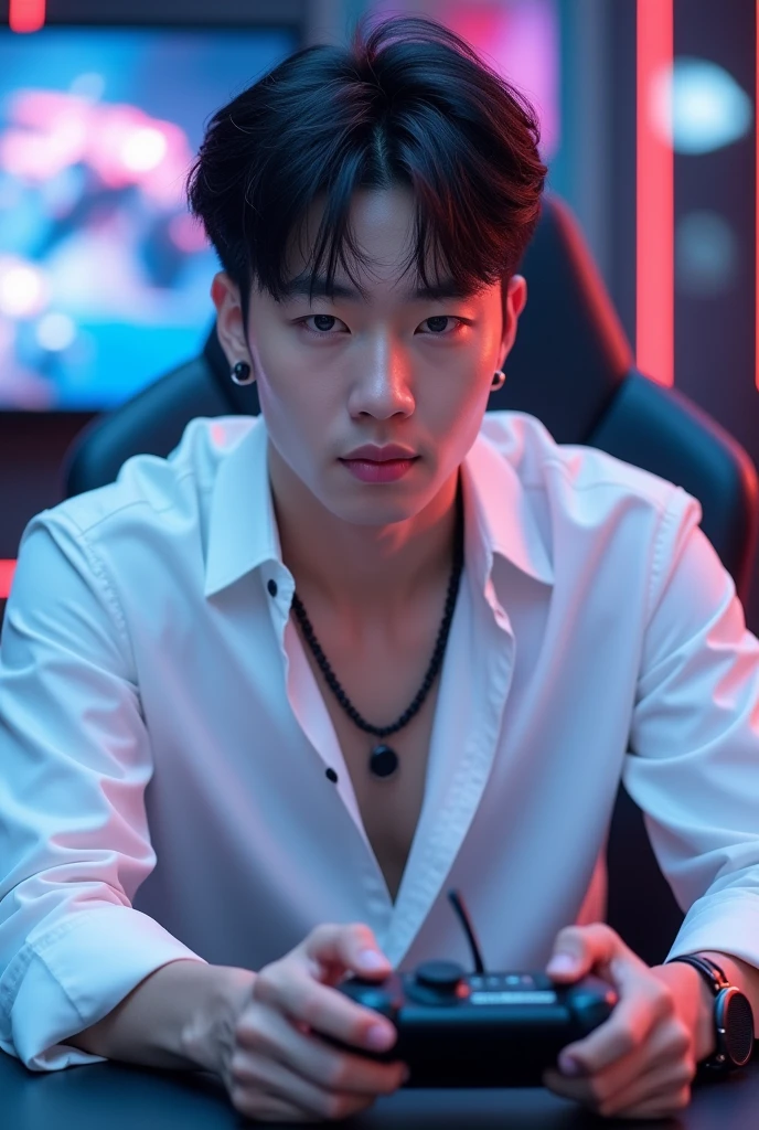 Korean man, not too small face structure, long eyelashes, short hair, black hair, light pink lipstick, velvet lipstick texture, equal eyes, high nose, wearing a black necklace, black earrings, wearing a white shirt, wearing white pants, playing a game.