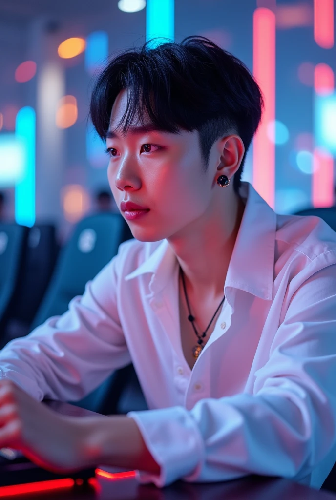 Korean man, not too small face structure, long eyelashes, short hair, black hair, light pink lipstick, velvet lipstick texture, equal eyes, high nose, wearing a black necklace, black earrings, wearing a white shirt, wearing white pants, playing a game.