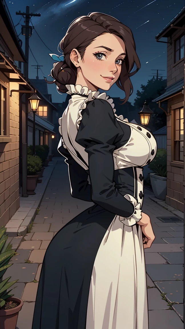 Woman, chic,(victorian dress:1.2), (narrow waisted), blushful, offcial art, face detail, CG,looking ahead at viewer, (standing),Meia-noite,large breasted, ssmile, era vitoriano, plein-air, trunk