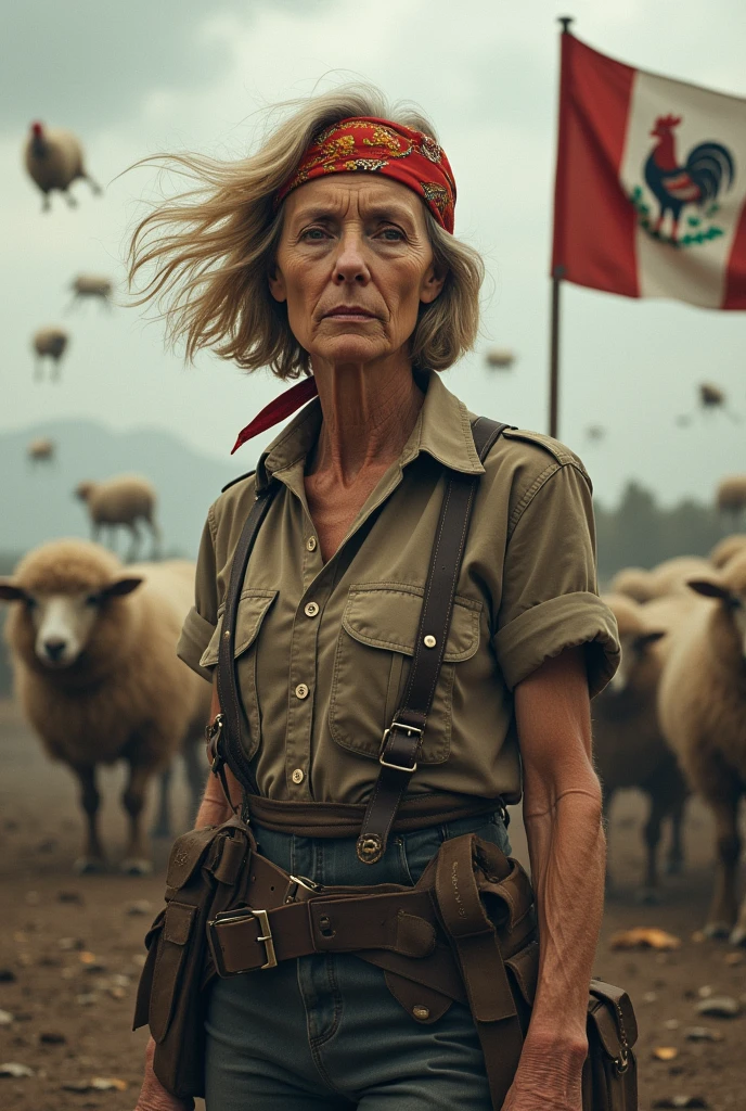 A 71-year-old woman with short, voluminous bob hair with soft waves, blonde with some darker streaks. Her face is clear with marked expression lines, especially around the eyes and mouth, with war clothing, suspenders, painted face and a bandana on the head, with a raised flag in which there is a cock. There is a war going on around her, in which flying sheep that shoot lasers from their nipples and land sheep with Monster truck wheels fight to the death against the Peruvians, with cock blows that that crush them and the Peruvians are defenseless against the cocks and the busty lasers. All in a gray war background with corpses on the ground and the gray sky.