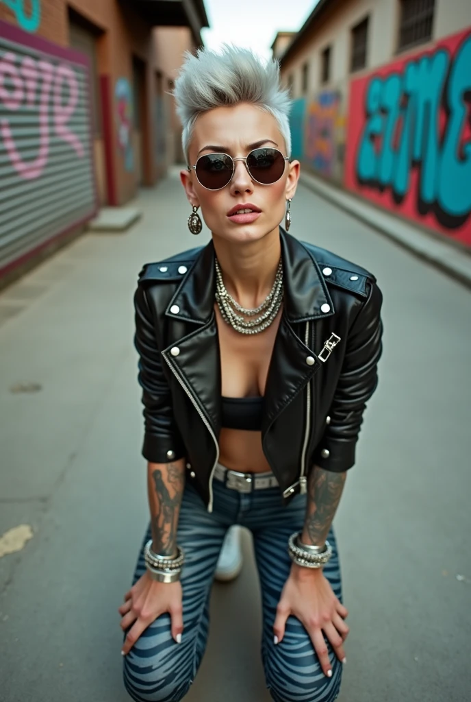 russian old milf woman, grey hair (boyish quiff, shaved sides), wearing sunglasses as (big maxi sunglasses), bandana as headband, with very light blue eyes, extremely pale. Wearing cropped padded black moto jacket with lots of zippers and badges on jacket flaps, black bra, zebra print leggings and white tennis sneakers . Silicone breasts. Lots of metallic bracelets, long pendants and lots of collars. Long earrings. Kneeling, looking at the camera, legs spread, hangs in praying position, tilted head, eyes and mouth wide open in amazement. Toned abdominals, thin legs and thin arms. Tattoed chest, hands, belly and arms.