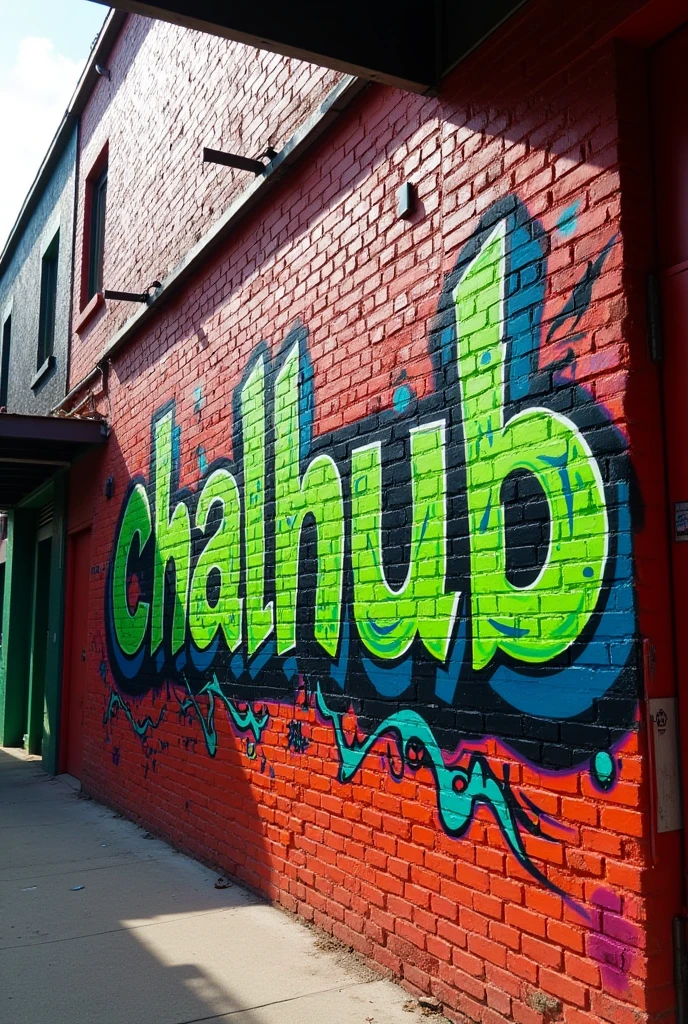 image on a brick wall with chalhub written in wild style graffiti