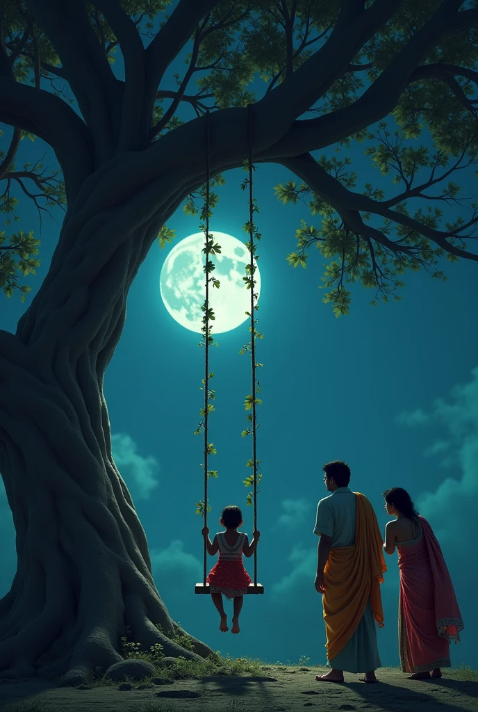 Creat a 3d AI IMMAGE OF one small child sleep in a swing hange on a tree at night and Indiantwo lady and one men are looking with hirror