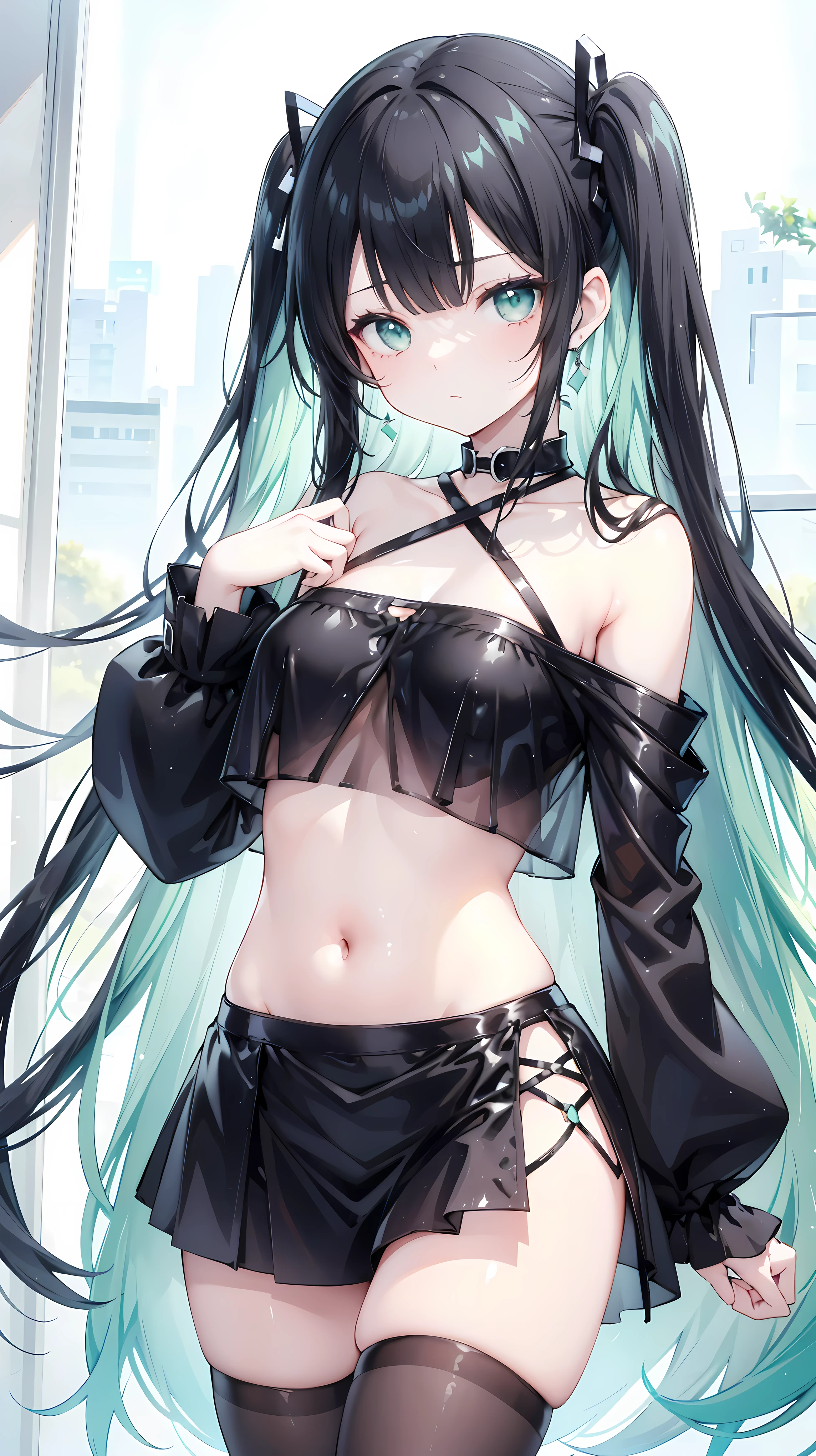 Black Hair、long hair、Two Side Up、Deep mint green inner color、Straight bangs、Deep mint green eyes、Shoulder Bare、Black clothes、Black Skirt、Belly button、Black tights、See-through