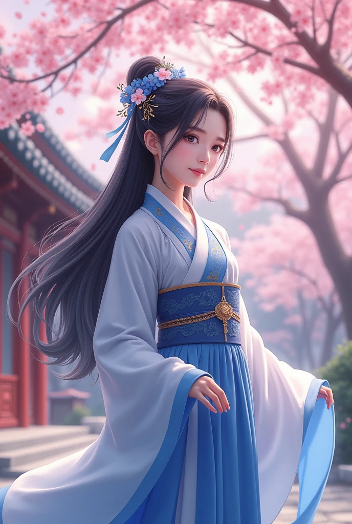 A anime woman, big chest, in a blue and white dress with flowers in her hair, hanfu, palace, girl in hanfu, blue hanfu, white hanfu, wearing ancient Chinese costume, cherry blossom tree, cherry blossom flower petals in wind((beautiful fantasy queen)), ancient Chinese princess, Chinese style, traditional Chinese clothing, ancient Chinese clothing, beautiful fantasy queen, Chinese princess, traditional beauty,