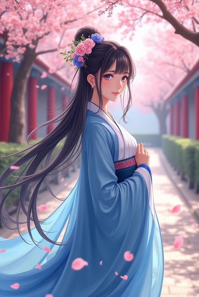 A anime woman, big chest, in a blue and white dress with flowers in her hair, hanfu, palace, girl in hanfu, blue hanfu, white hanfu, wearing ancient Chinese costume, cherry blossom tree, cherry blossom flower petals in wind((beautiful fantasy queen)), ancient Chinese princess, Chinese style, traditional Chinese clothing, ancient Chinese clothing, beautiful fantasy queen, Chinese princess, traditional beauty,