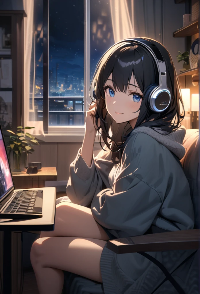 Beautiful woman, Beautiful legs,alone, A gentle smile on her face, Black Hair, blue eyes, Beautiful depiction,A woman sitting in front of a computer in a cozy bedroom, A woman listening to music in a cozy room. (night), Use headphones, (beautiful night views from windows), Very detailed high resolution, 