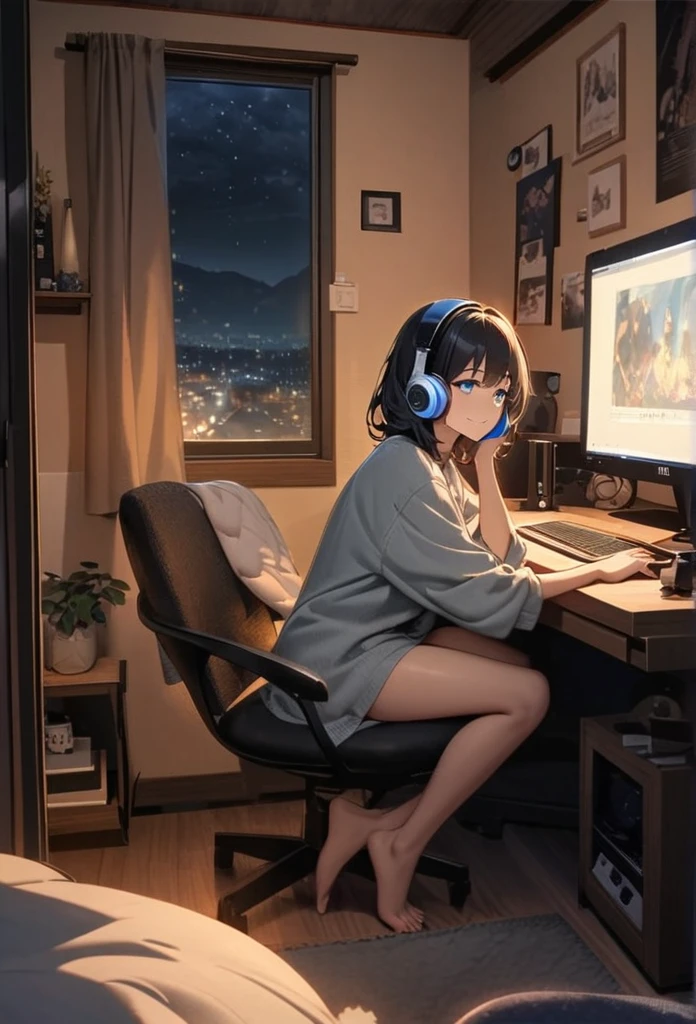 Beautiful woman, Beautiful legs,alone, A gentle smile on her face, Black Hair, blue eyes, Beautiful depiction,A woman sitting in front of a computer in a cozy bedroom, A woman listening to music in a cozy room. (night), Use headphones, (beautiful night views from windows), Very detailed high resolution, 