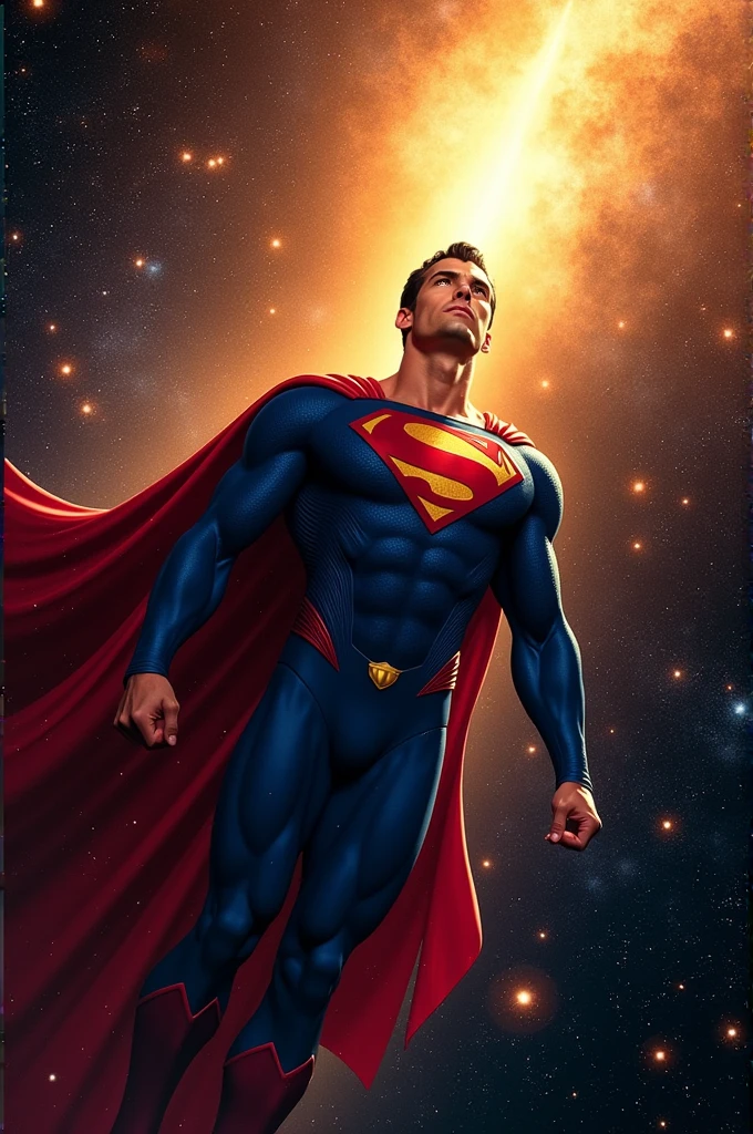 Superman fly in space front in sun