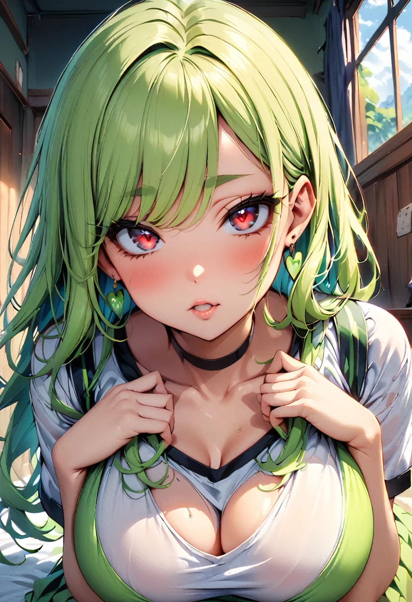 score_9, score_8_up, score_7_up, score_6_up, score_5_up, 1girl, solo, green hair, straight hair, long hair, red eyes, glowing eyes, sultry eyes, juicy lips, plump lips, glossy lips, soft blush, dolly face, eyelashes, natural eyebrows, eyeliner, large breasts, thick ass, pale skin, black choker, earrings, white tight shirt, green skirt, sitting sexily, bedroom background, cinematic lightning, very detailed clothes, very detailed face, very detailed eyes, very detailed hair, ultra, best quality, masterpiece, looking at viewer, in love with the viewer, soles, five fingers. 