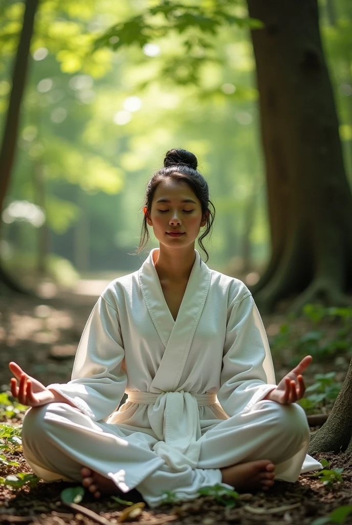 A serene individual sitting in a meditative pose, surrounded by calm nature, symbolizing inner peace and balance." realistic,