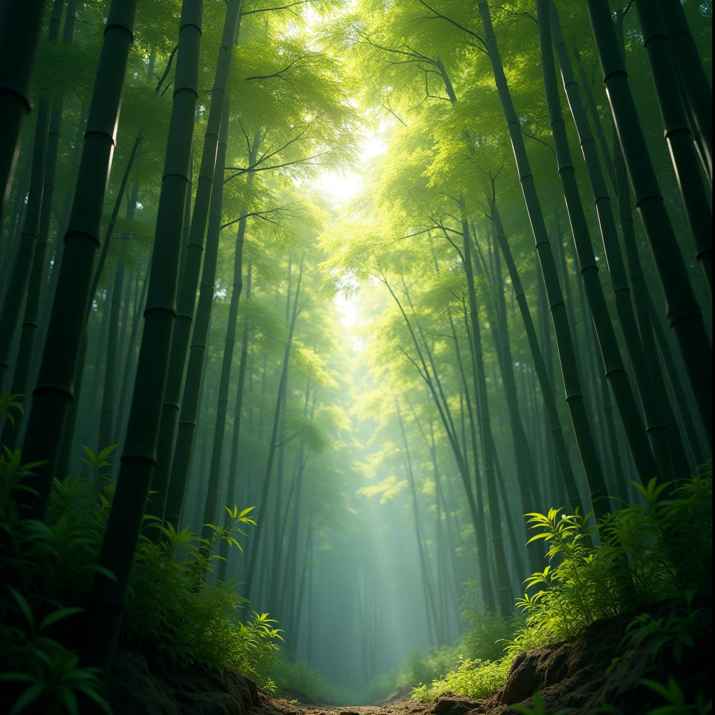Show the seasonal changes of bamboo forest, such as the new greenery in spring, showcase the diversity and vitality of bamboo forest. Beautiful cinematic lighting, surreal, RAW photo, color graded, dynamic movement, captivating chiaroscuro, award-winning, cinematic still, emotional, vignette, dynamic, vivid, (masterpiece, best quality, photorealistic, Professional, perfect composition, very aesthetic, absurdres, ultra-detailed, intricate details:1.3)