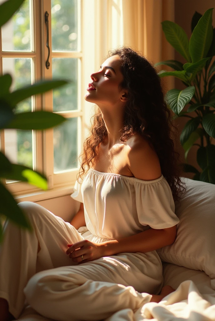 (photorealism:1.2), beautiful woman, sitting on bed, wearing loose off-shoulder top, pajama pants, long curly hair, indoors, soft lighting, plants in background, window with sunlight, cozy room, relaxed pose, realistic, intricate details, warm colors, by Greg Rutkowski, by Alphonse Mucha