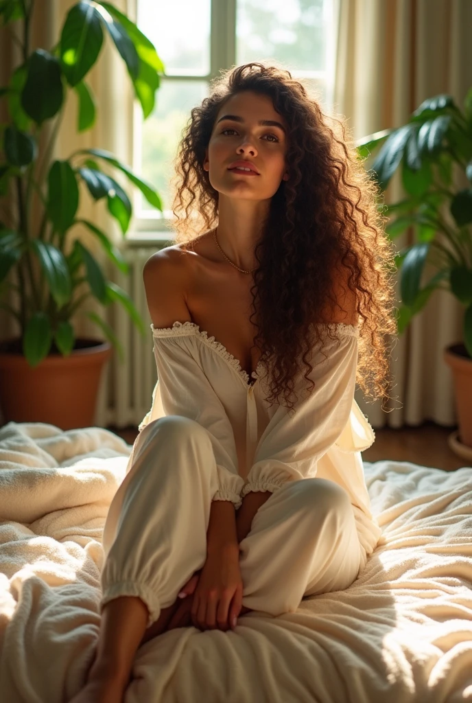 (photorealism:1.2), beautiful woman, sitting on bed, wearing loose off-shoulder top, pajama pants, long curly hair, indoors, soft lighting, plants in background, window with sunlight, cozy room, relaxed pose, realistic, intricate details, warm colors, by Greg Rutkowski, by Alphonse Mucha