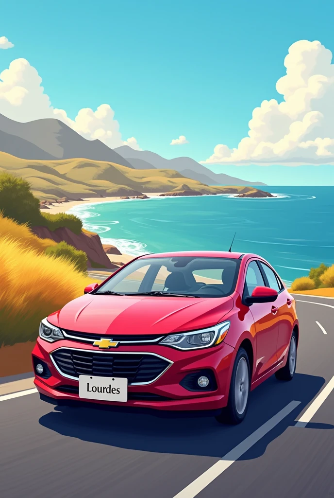 Wallpaper for cell phone of a 2023 Chevrolet Onix LT sedan car in carmine color. The car is seen driving on a road in Uruguay and a little far away. Let the image be animated Disney Pixart style. Let the car have a face while respecting the car model. The image that has good quality and resolution. That the license plate says "Lourdes".