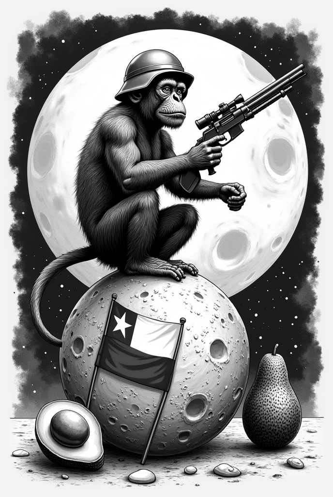 Create a black and white tattoo of a monkey on the moon with a gun and a soldier helmet with the Chilean flag in the middle and Dart Vader and an avocado
