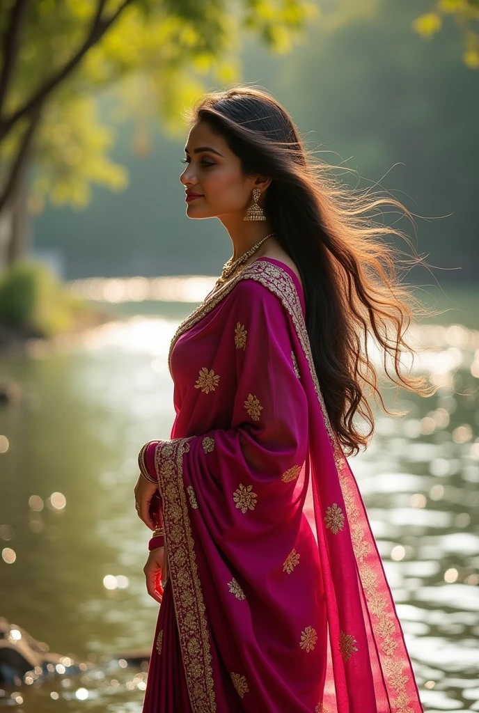 A Indian most cute girl 25 years old wearing sari and bra clearly shows shis breast river side
