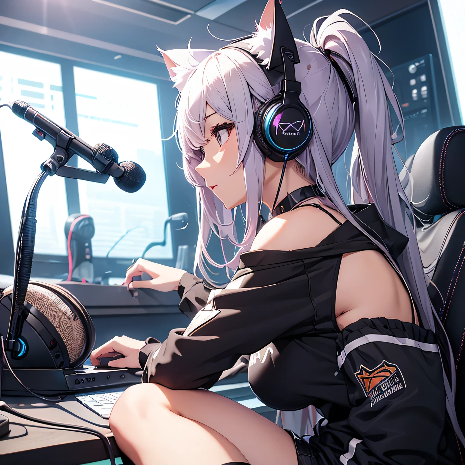 Distributor、Cat ear headphones、monitor、profile、beautiful girl、prism、Condenser microphone