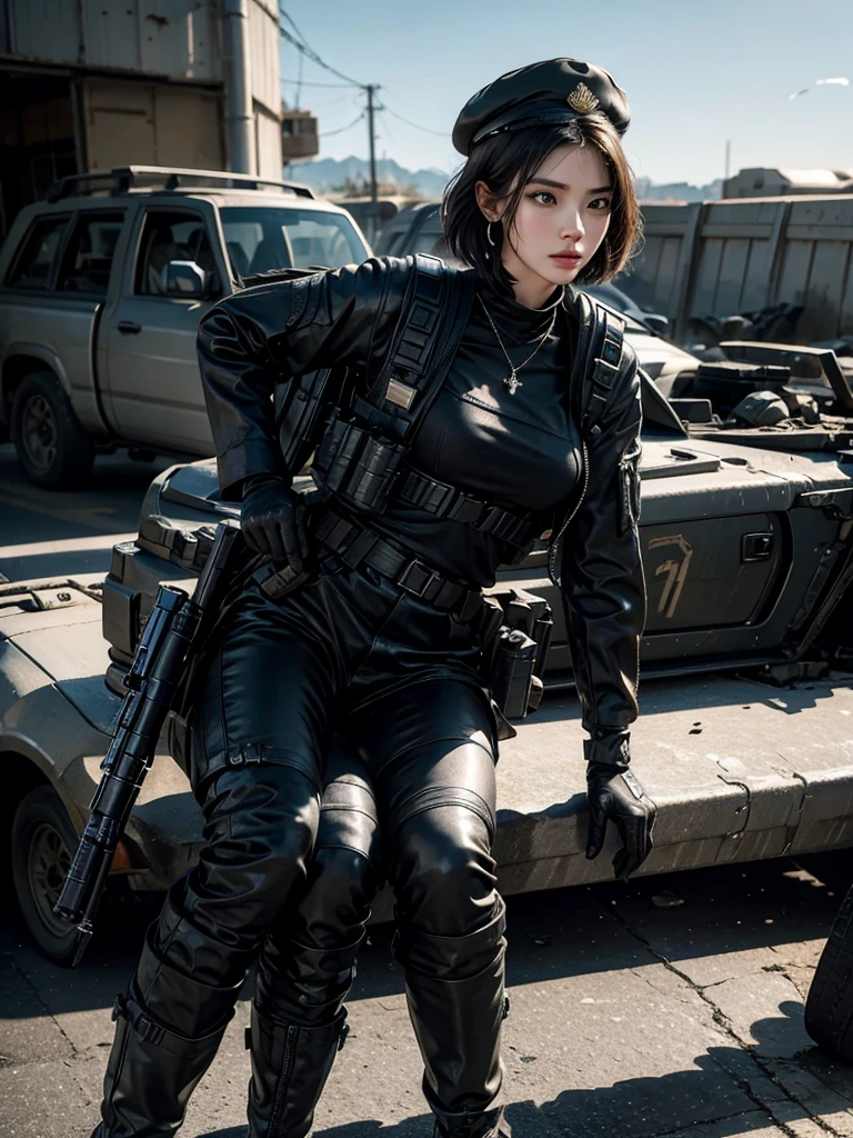 
(photography:1.3, 16K, best quality, masterpiece, existltra-high reSolution), Perfect dynamic composition:1.2, Highly detailed skin and facial texture:1.2, Full of scars:1.2, (End of the World:0.7, In stark contrast to the desolate background:0.7, Adding a destructive element:0.7, There are debris and impurities scattered around:0.7), (Dynamic action poses:1.0, 专业photography工作:1.0, Aim with a gun:1.0), exist.S. Military base, Beautiful JapaneSe women Serving in the existS military, Ultra-thin body, White skin, （short hair），Very beautiful face, Stern expreSSion, (Automatic Rifle:1.0, Bulletproof vest:1.0, torn military uniform:1.0, Backpack:1.0, boots:1.0), Shapely breaStS, Chest space, Big eyes exude beauty, Beautiful, glossy lips, Cowboy Shot, necklace, earrings, bracelet, Military cap