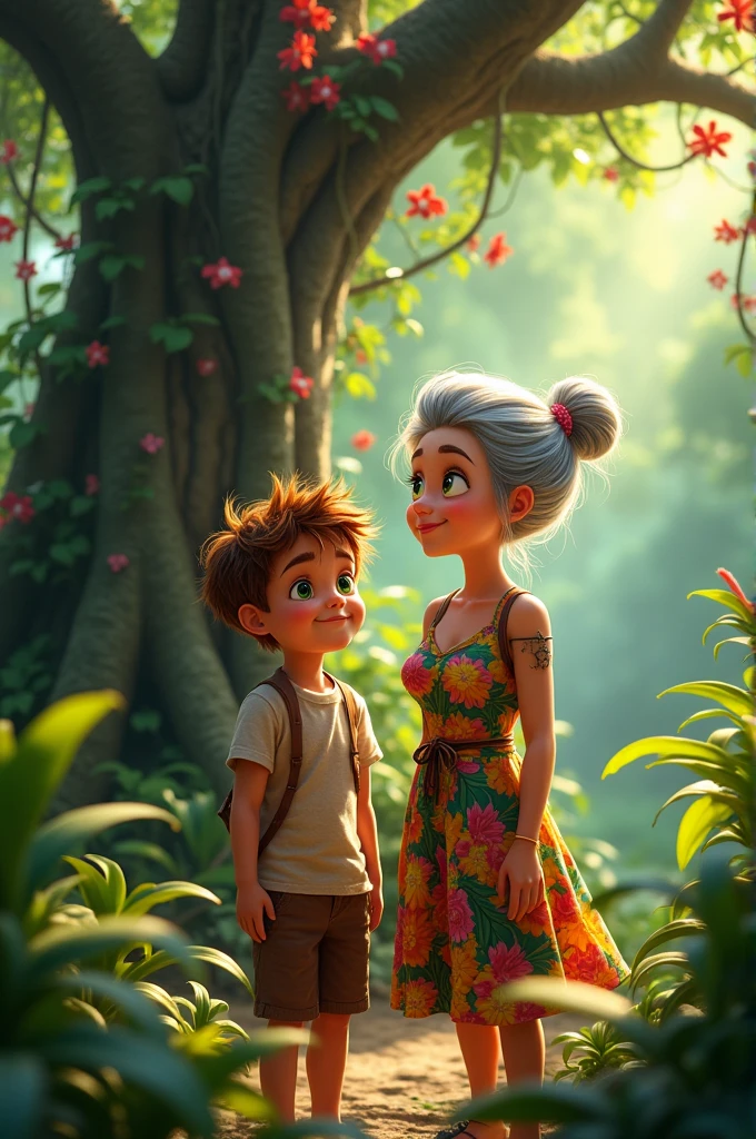 A boy with his grandmother in jungle
