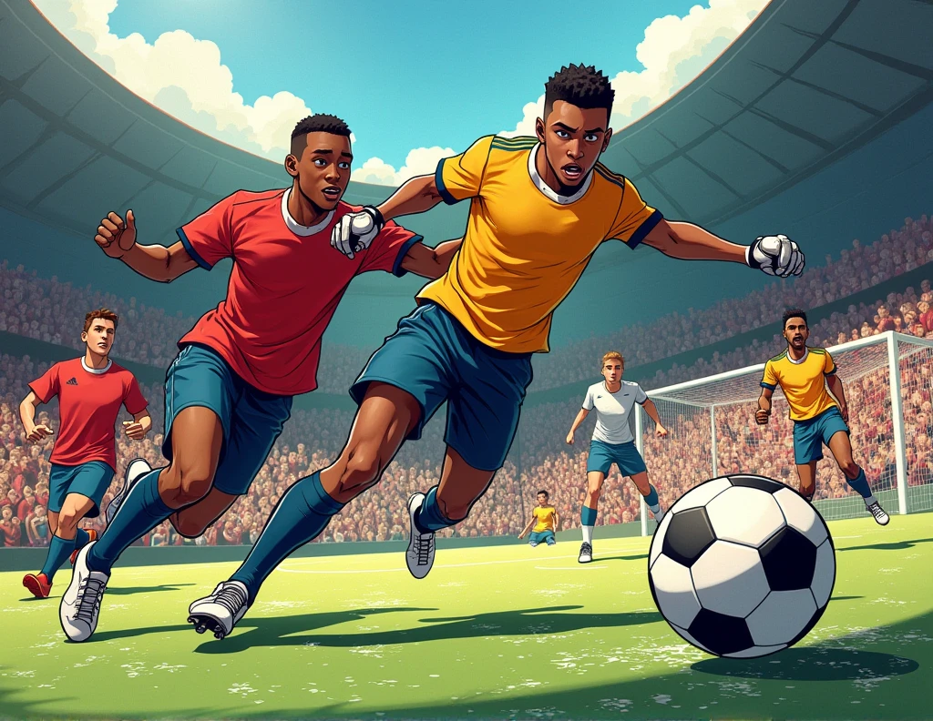 "The team is defending with great intensity. Animated players are working together to block opponents. Smith (#1) is making another crucial save, This time with an even more spectacular intervention. The defenders, like Daniel (#6) and Downlin (#7), They are blocking shots with effort. The animation shows the sweat and tension of the moment with impact effects and action lines..""COMIC FORMAT ON A FUTSAL FIELD