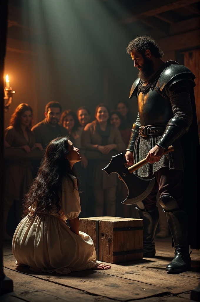 medieval beautiful woman crawling near chopping block, on wooden stage , watched by crowd, beside her a man with giant Axe