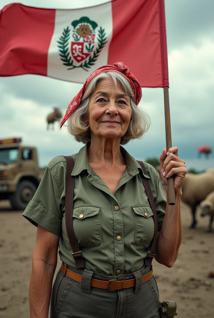 A 71-year-old woman with short, voluminous bob hair with soft waves, blonde with some darker streaks. Her face is clear with marked expression lines, especially around the eyes and mouth, with war clothing, suspenders, painted face and a bandana on the head, with a raised flag in which there is a penis. There is a war going on around her, in which flying sheep that shoot lasers from their nipples and land sheep with Monster truck wheels fight to the death against the Peruvians, with cock blows that that crush them and the Peruvians are defenseless against the cocks and the busty lasers. All in a gray war background with corpses on the ground and the gray sky.