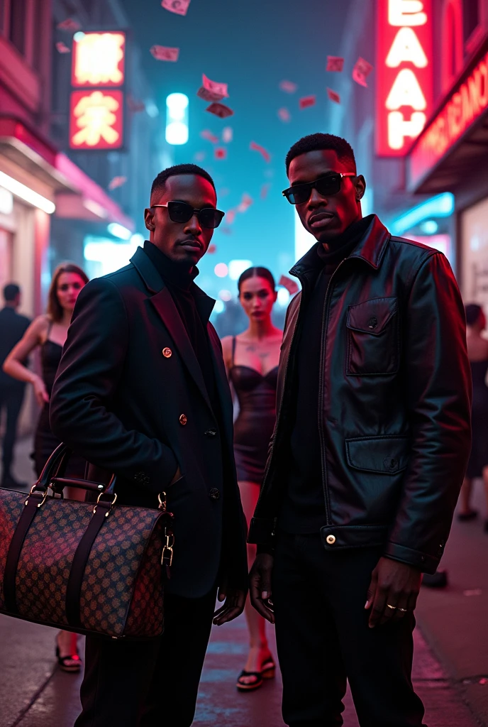 Make two black characters (male), each one with their bag  , a bag from Louis Vuitton and another from Gucci ,in the background place several vampire women ,also make money fall from the sky 