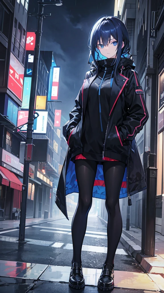 Create an anime girl that has long Between black and blue with blue eyes hair With blue eyes wearing a black jacket and behind the jacket she has a blue shirt that has headphones on her neck and appears in the city At night With a pose as if she were waiting for someone with her hands in her jacket pockets and her full body visible, she looks a little away from the camera But it's night time in the city with an atmosphere as if it had just finished raining.