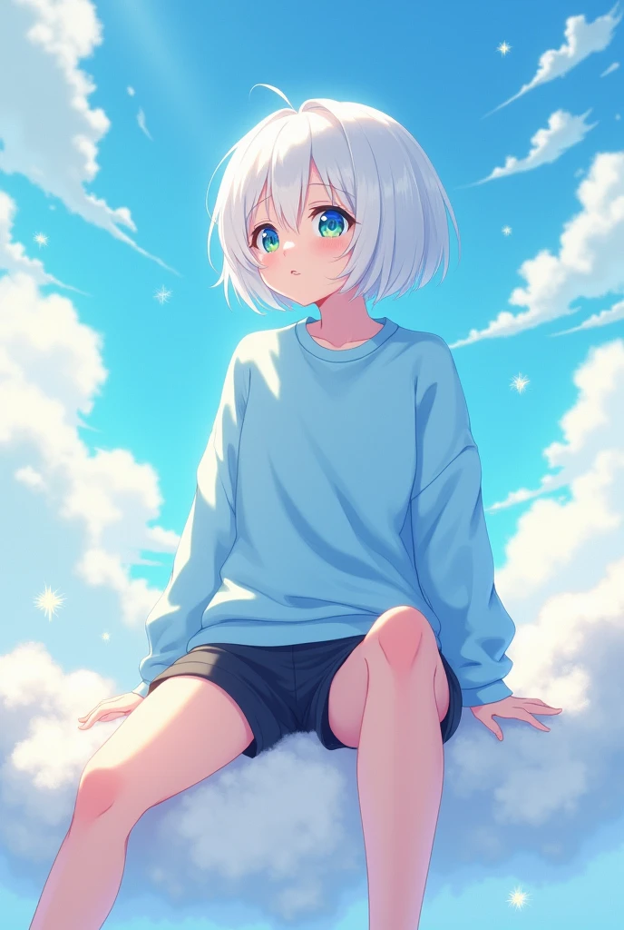 anime style, young adult woman, with the right eye blue and the left eye green, short white hair.
He is wearing a light blue oversized sweatshirt and black shorts..
Sitting on a white cloud .
full body view