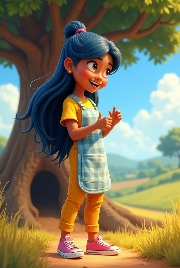 SIDE VIEW CAMERA OF ((masterpiece, best quality)), award winning, 4k, 8k, 3d pixar animation character, visible face, SIDE VIEW,(one 25 YEAR OLD woman NAMED BRISA), portrait, beautiful, cute, yellow shirt, yellow pants, light long blue apron, pink sneakers, long plaid blue hair, light tan skin, brown eyes, ((Perfect Hands)), UHD, 8K, her pose is LOOKING DOWN EXPLAINING SOMETHING HER LEFT ARM IS EXTENDED HER MOUTH IN THE MIDDLE OF SPEAKING A WORD, BACKGROUND IS: ((masterpiece, best quality)),3d illustration of countryside el salvador, a big, tall and wide amate tree behind with a big hole in its trunk)