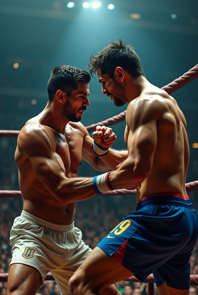 cristiano ronaldo vs messi on wwe wrestling,highly detailed,photorealistic,dramatic lighting,dynamic action pose,muscular male bodies,sweat,intense facial expressions,intricate wrestling moves,steel cage ring,cheering crowd,cinematic camera angle,ultra realistic texture,vibrant colors,chiaroscuro lighting