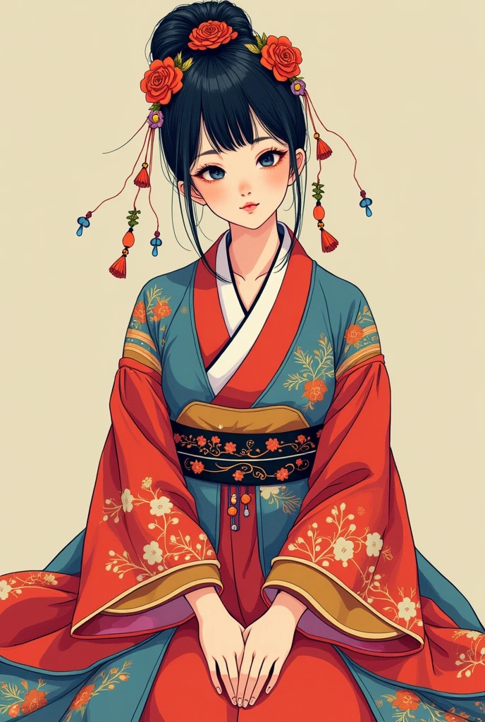 best quality, masterpiece, Movie Lighting, complex, Simple background, Delicate face, whole body, (Outline:1.2), (Pop Art:1.3), Line Art, , , 1 Girl, sit, Hanfu, Ski style,, ,  