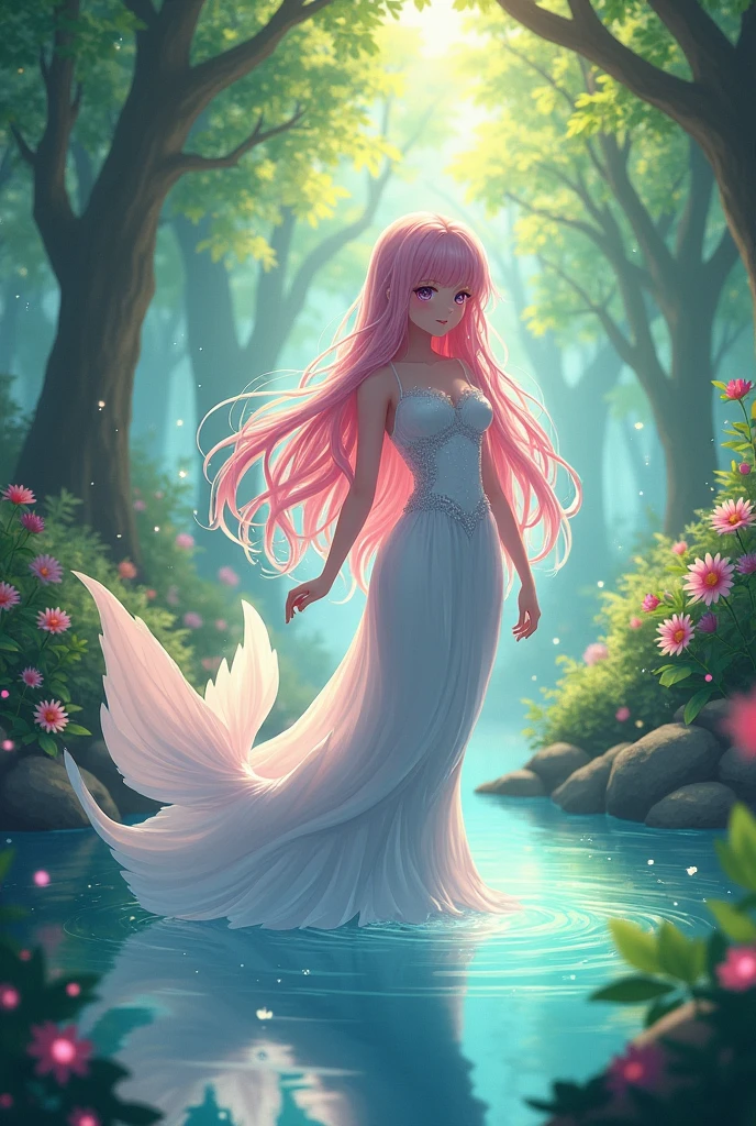 anime mermaid, pale skin, light pink hair, purple eyes, long white satin dress in magic florest