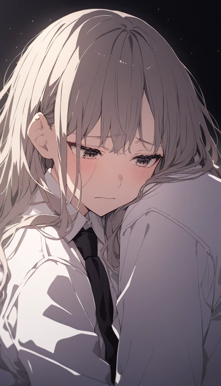  solo, Adult woman, Close up on person suffering from anxiety, a woman showing sadness, white shirt, black tie, Long-sleeved shirt, black trousers, dark hotel bedroom, no light source, dark background, night days,
