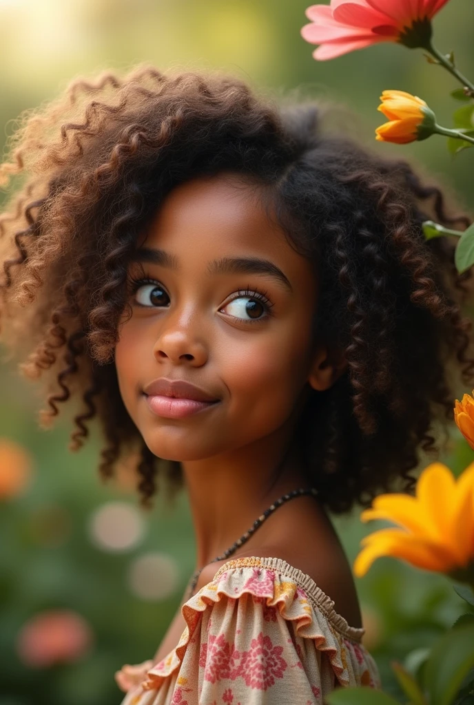 a beautiful young girl with caramel skin, long curly hair, a lovely smile, detailed face, delicate features, elegant pose, magical garden background, colorful flowers, warm lighting, photorealistic, cinematic lighting, highly detailed, 8k, (best quality,4k,8k,highres,masterpiece:1.2),ultra-detailed,(realistic,photorealistic,photo-realistic:1.37),intricate details,vibrant colors,soft ambient lighting,lush foliage,enchanted forest,dreamlike atmosphere