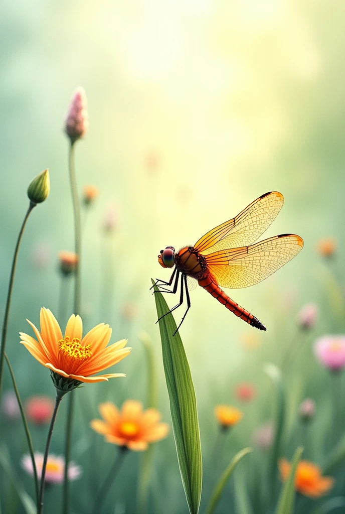 A detailed illustration of a dragonfly, intricate wings with fine veining, perched on a delicate blade of grass. The background is a soft-focus meadow with wildflowers. Subtle pastel colors with sunlight filtering through. Created Using: watercolor painting, botanical art, soft brushes, natural pigments, impressionist influences, delicate lines, translucent layering, hd quality, natural look --ar 9:16 --v 6.0