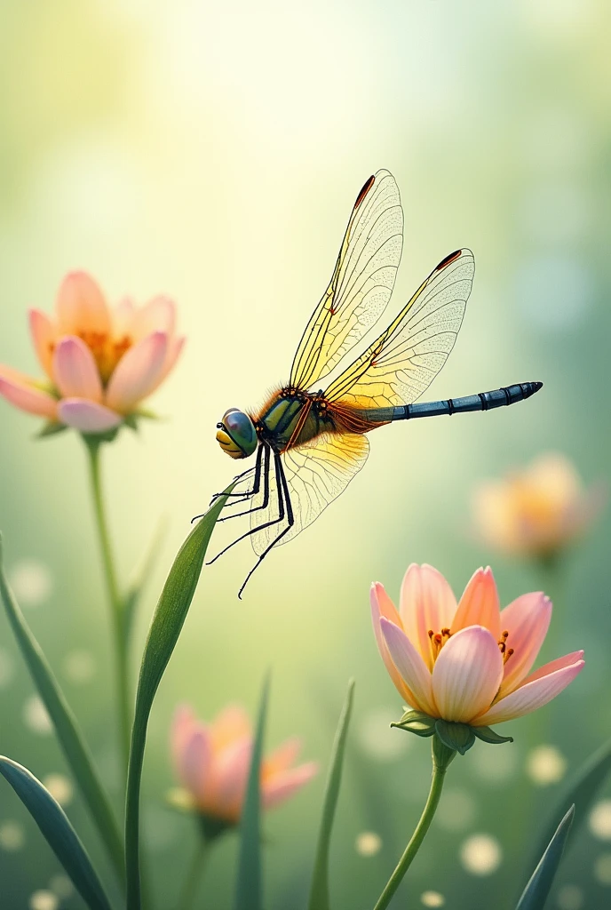 A detailed illustration of a dragonfly, intricate wings with fine veining, perched on a delicate blade of grass. The background is a soft-focus meadow with wildflowers. Subtle pastel colors with sunlight filtering through. Created Using: watercolor painting, botanical art, soft brushes, natural pigments, impressionist influences, delicate lines, translucent layering, hd quality, natural look --ar 9:16 --v 6.0