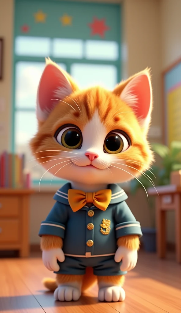 Perfect centering, Looking at the camera, a close up 2/3 of a cartoon kitten wearing a school uniform, 3 d animation demo reel, 3d animation, 3 d animation, 3 d animated movie, 3d animated, 3 d animated, tv commercial, clay animation, cgi animation, cute! c4d, cute 3 d render, pixar 3 d animation style, in a classroom 4 k, 3 d cartoon