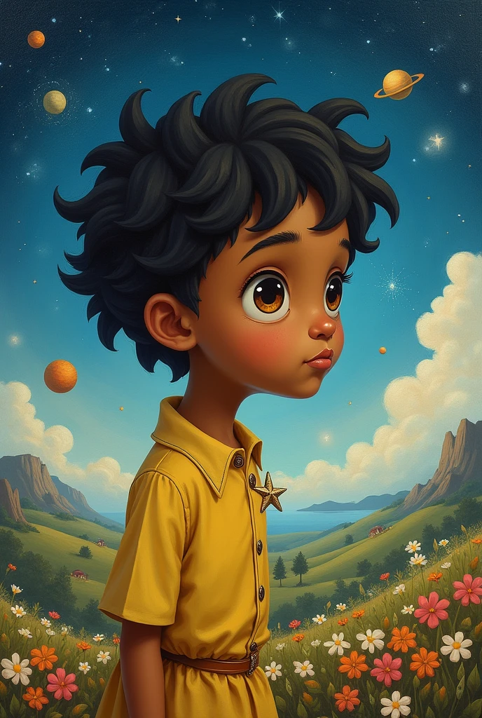 An oil painting of a version of the little prince with black hair, eyes browns, brown skin with thin mustache and goatee.