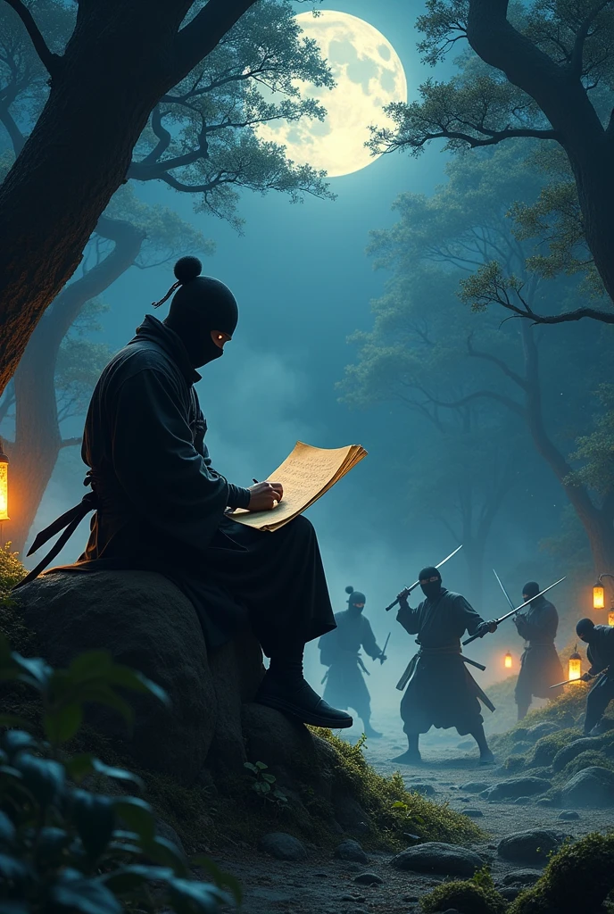 Japanese ninja reading while other ninjas are fighting at night