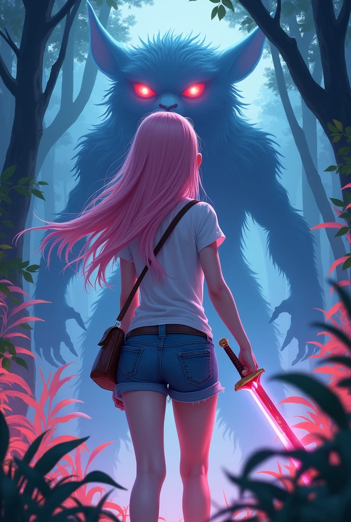 (animation:1.4), vibrant fantasy forest, magical atmosphere, glowing plants, long pink hair, white skin, 18-year-old girl, wearing a white short-sleeve t-shirt and denim shorts, with a small side bag, holding a semi-realistic fantasy sword with a glowing blade, facing off against a large creature with glowing red eyes, intense and determined expression, dynamic battle-ready pose, sword in hand, creature in background, mystical lighting, vibrant colors, cinematic composition, by Hayao Miyazaki, by Yoshitaka Amano
