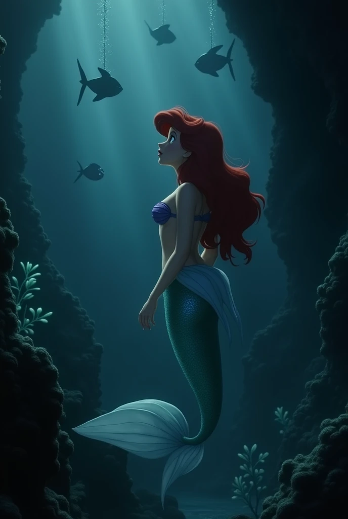 beautiful redhead mermaid, swimming in the depths of the night, detailed atmosphere, dark, 4k, Detailed portrait, dramatic lighting, Composition, intricate details, Very detailed, masterpiece, hyperrealistic, dark, clardark, ethereal, fancy, surreal, corals, details on face y cuerpo, eyes, colas, details on face, eyes grandes, slight smile, side view (details on face) (details in queue)